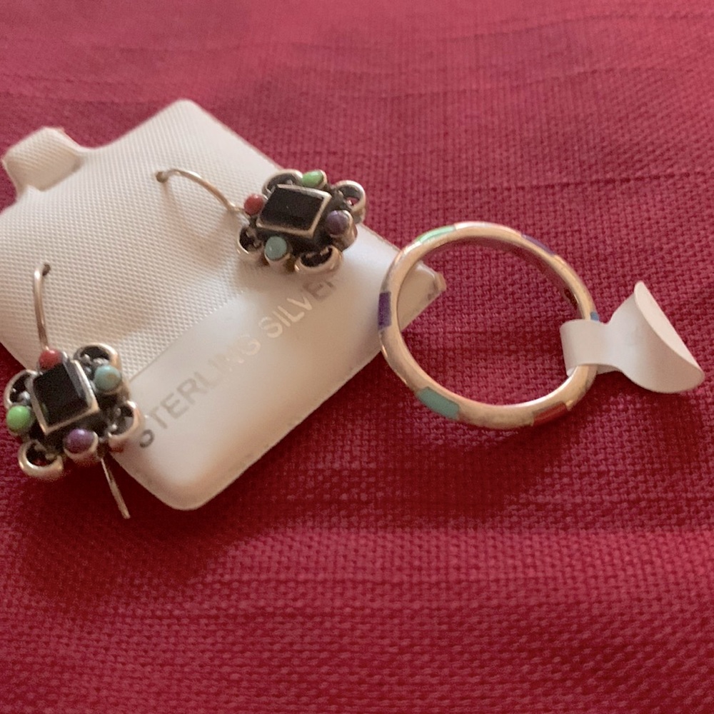 NEW:Silver w/ multi-color stones earrings & a ring